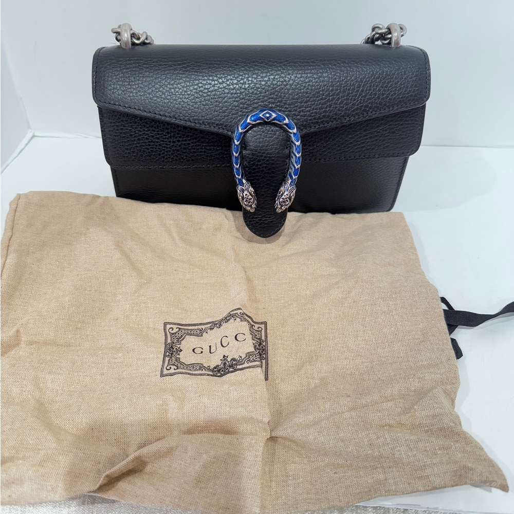 Dollar Calfskin Enamel Small Dionysus Shoulder Bag Black Electric Blue NEW - Picture 16 of 16